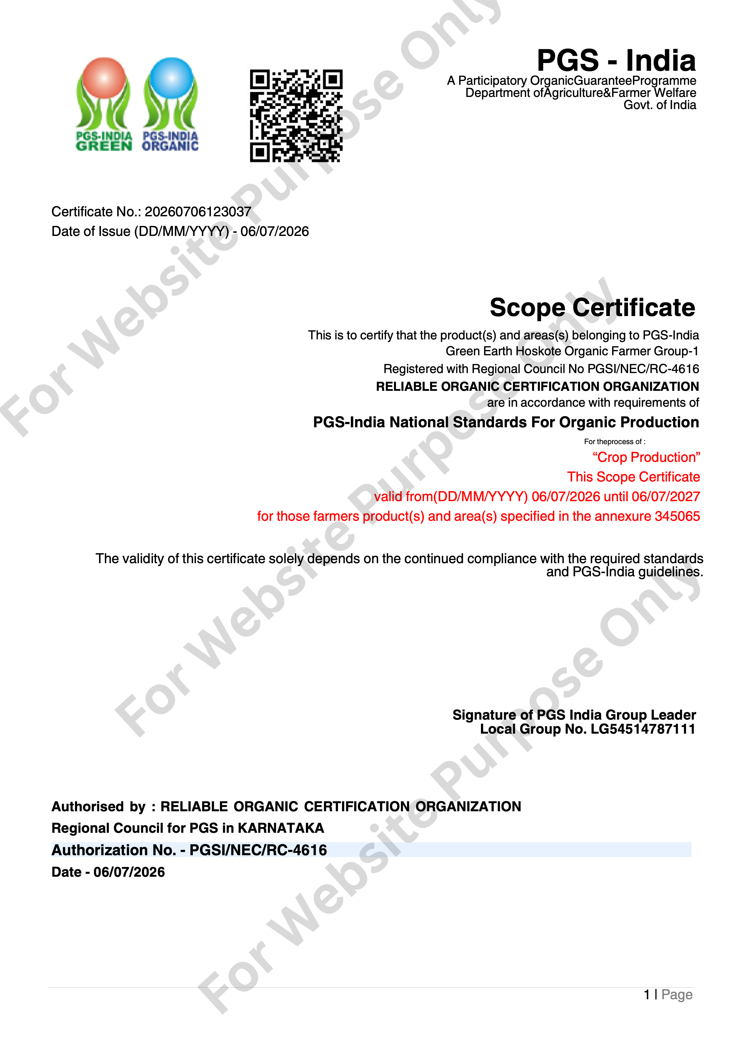 Organic Scope Certificate Page 1